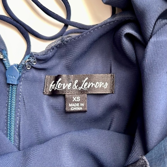 For Love And Lemons Lula Mini Dress Ruched Ruffle Navy Blue Dot Long Puff Sleeve - Picture 10 of 16